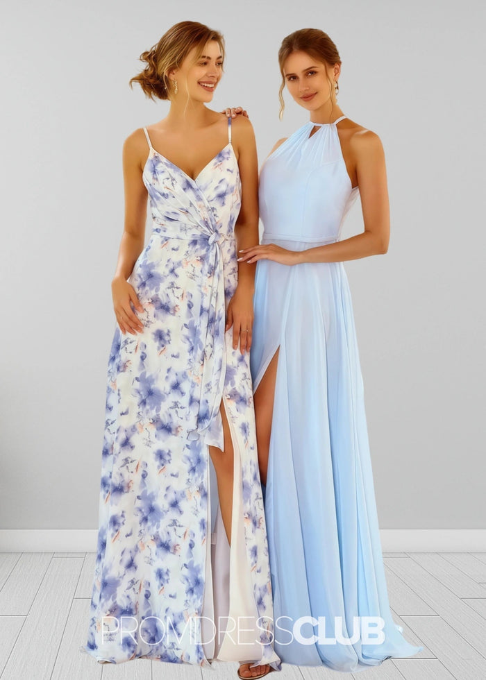 Sigrid | White Blue Floral Print Spaghetti Straps Chiffon Long Bridesmaid Dress - Price #price_variant_lowest# - Blue Floral - PromDressClub
