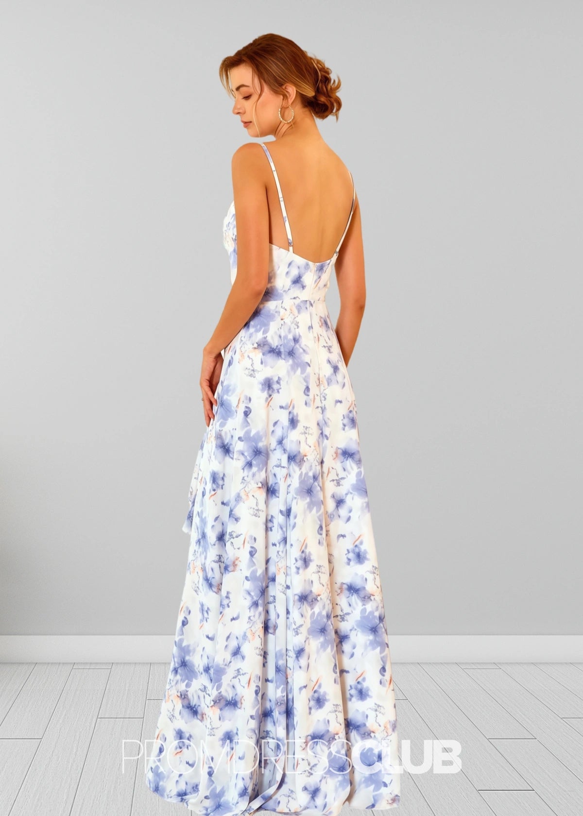 Sigrid | White Blue Floral Print Spaghetti Straps Chiffon Long Bridesmaid Dress - Blue Floral - PROMDRESS Club