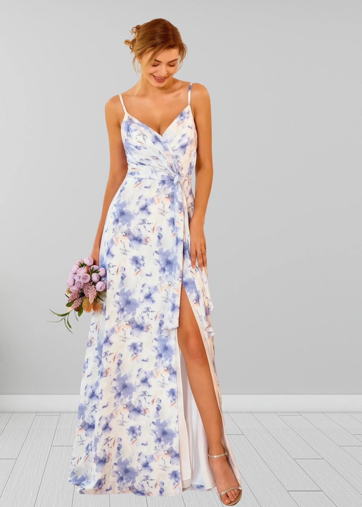 Sigrid | White Blue Floral Print Spaghetti Straps Chiffon Long Bridesmaid Dress - Blue Floral - PROMDRESS Club