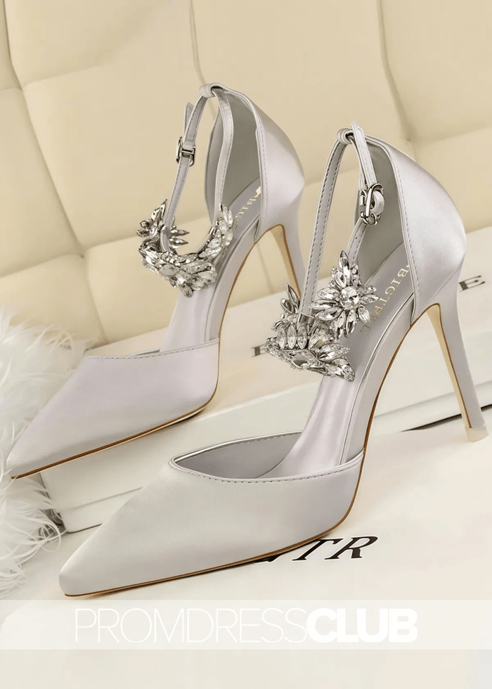 Silver Prom Heels with Ankle Strap Crystals - Price #price_variant_lowest# - Silver - PromDressClub