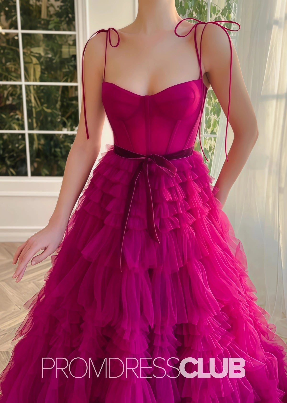 Simona |Fuchsia Tulle Long Formal Dresses With A Line Strapless Tiered Ruffled - Fuchsia - PromDressClub