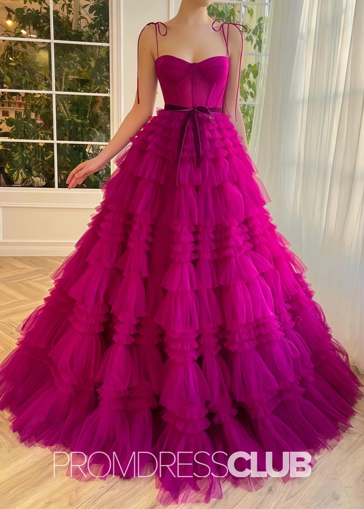 Simona |Fuchsia Tulle Long Formal Dresses With A Line Strapless Tiered Ruffled - Fuchsia - PromDressClub