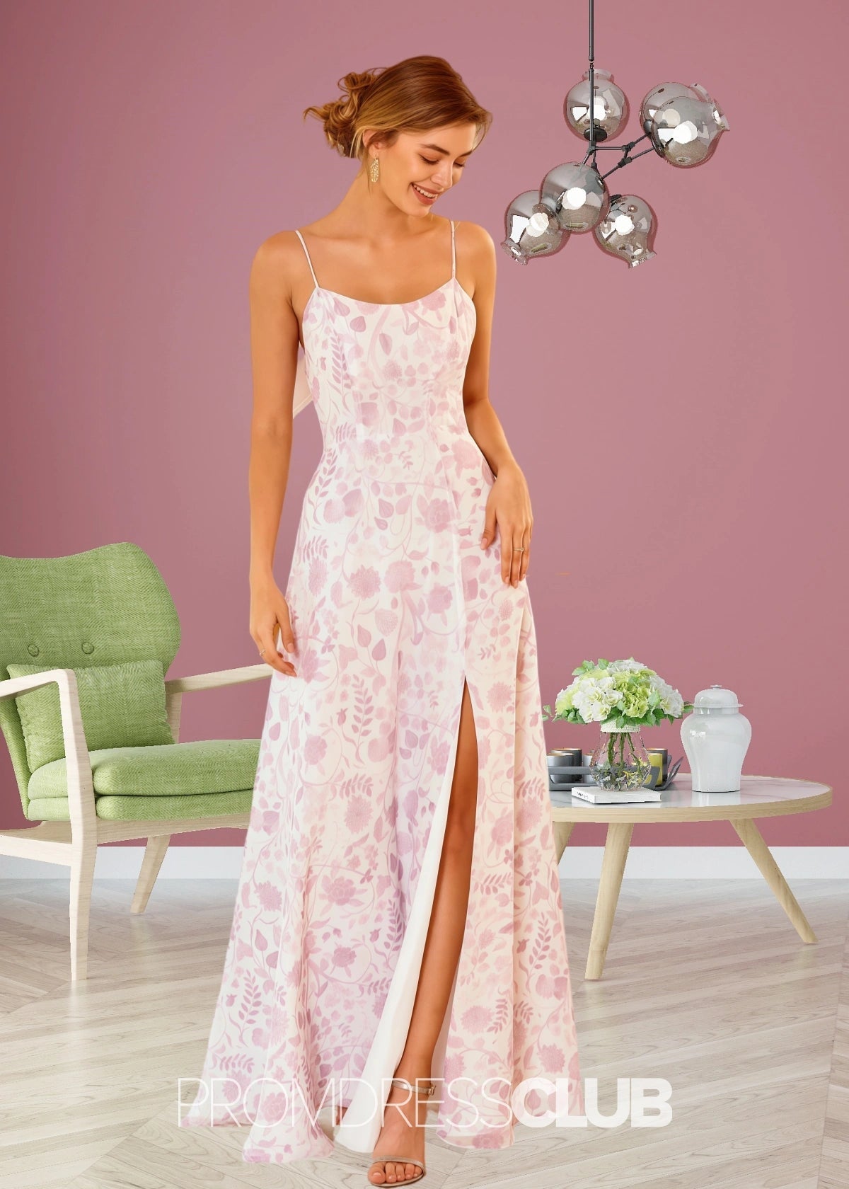 Simona | White Light Purple Floral Print Chiffon Long Bridesmaid Dress with Slit - Light Purple Floral - PROMDRESS Club