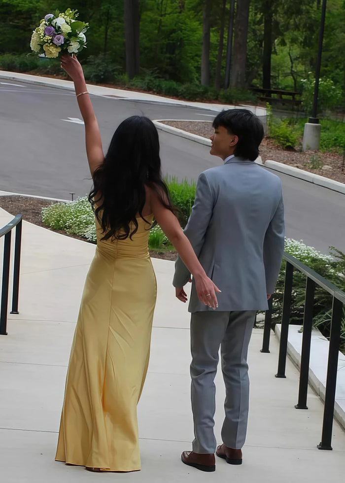 Simple Pleated Strapless Pink Prom Dress | Sheath Stretch Satin Floor Length Dress with Cutouts - Yellow - PromDressClub