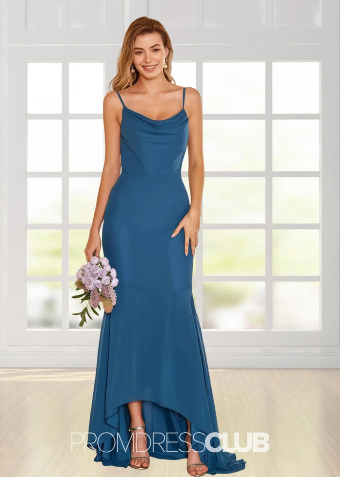 Sophia | A Line High - low Ink Blue Chiffon Long Bridesmaid Dress - Price #price_variant_lowest# - Ink Blue - PromDressClub