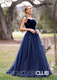 Sophia |Navy Blue Long Prom Dresses With A Line Spagatti Straps Velvet Tulle Floor Length - Navy Blue - PromDressClub