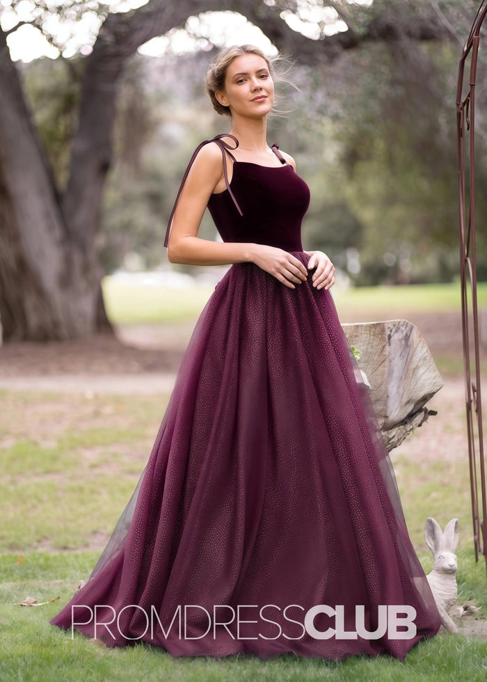 Sophia |Navy Blue Long Prom Dresses With A Line Spagatti Straps Velvet Tulle Floor Length - Price #price_variant_lowest# - Burgundy - PromDressClub