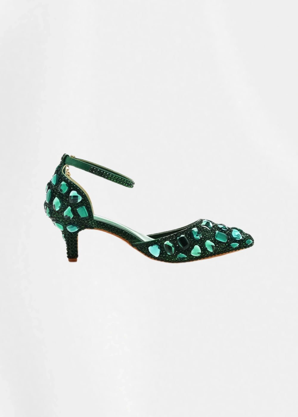 Sparkling Embellished Crystal Diamond Pointed Toe Gold Kitten Heels - Prefect for Occasions - Dark Green - PromDressClub