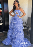 Spring |Blue Tulle Print Long Prom Dresses With A Line Halter Keyhole Ruffle Tiered - Blue - PromDressClub