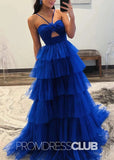 Spring |Blue Tulle Print Long Prom Dresses With A Line Halter Keyhole Ruffle Tiered - Royal Blue - PromDressClub