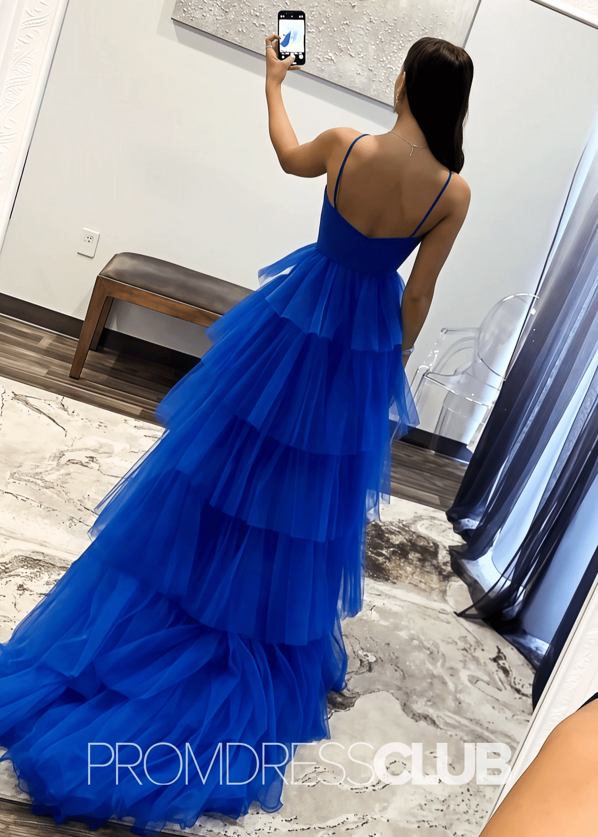 Spring |Blue Tulle Print Long Prom Dresses With A Line Halter Keyhole Ruffle Tiered - Royal Blue - PromDressClub