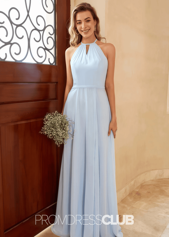 Stacey | Rust Brown A Line Chiffon Maxi Bridesmaid Dress with Slit - Price #price_variant_lowest# - Light Blue - PromDressClub
