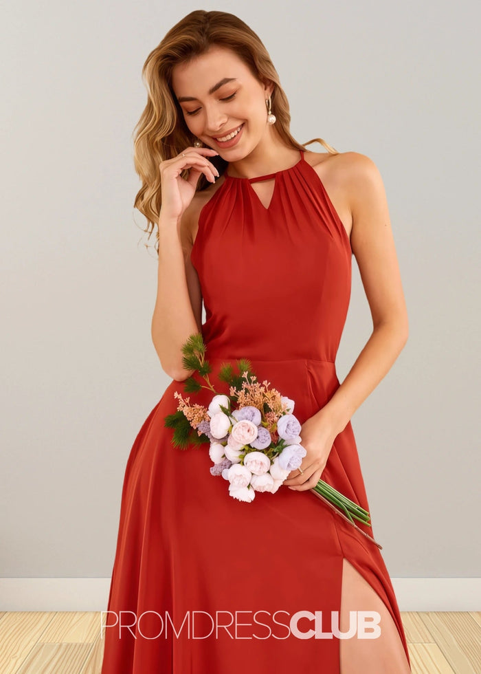 Stacey | Rust Brown A Line Chiffon Maxi Bridesmaid Dress with Slit - Price #price_variant_lowest# - Rust - PromDressClub