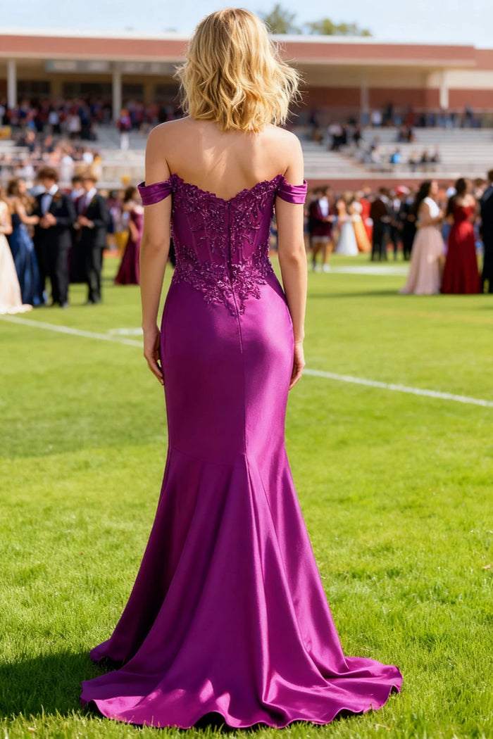 Starlit Fuchsia Floral Off the Shoulder Prom Dress | Strapless Sweetheart Neckline Corset Pleated Dress with Slit - US0 - PromDressClub