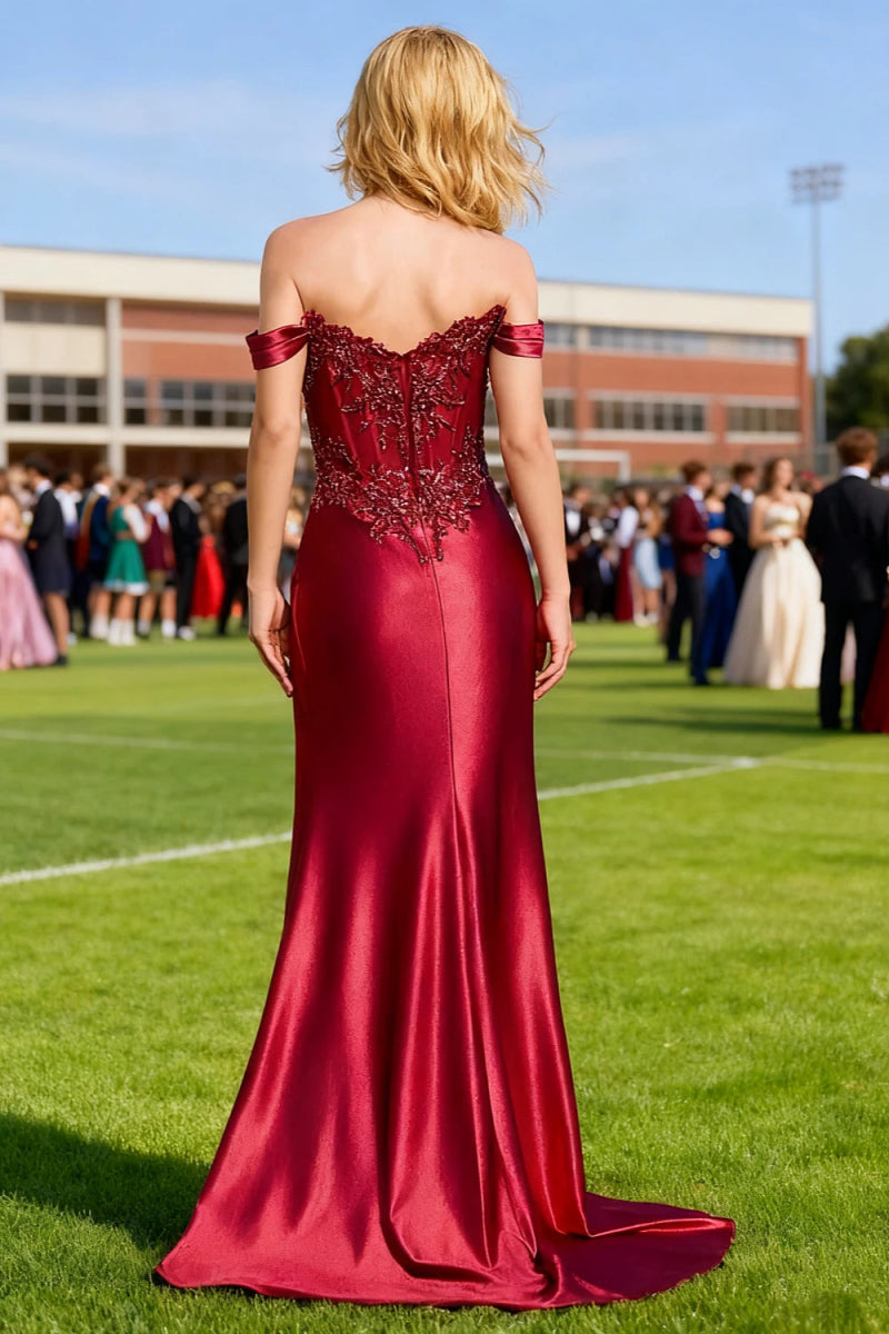 Starlit Red Floral Off the Shoulder Prom Dress | Strapless Sweetheart Neckline Corset Pleated Dress with Slit - US0 - PromDressClub