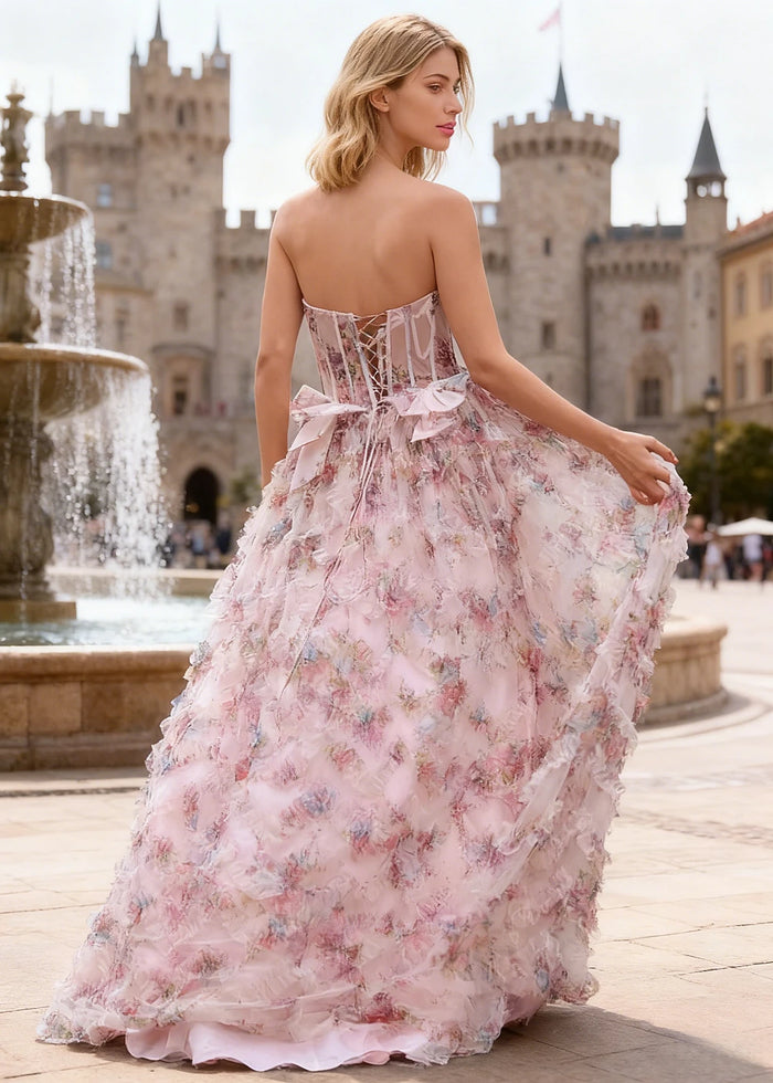 Stella Corset Floral Prom Dress Pink | A - Line Strapless Backless Tulle Gown with Bow - Pink Floral - PromDressClub