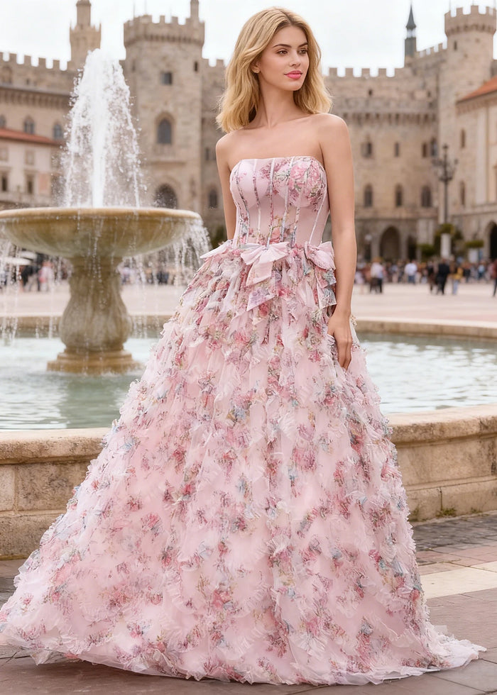 Stella Corset Floral Prom Dress Pink | A - Line Strapless Backless Tulle Gown with Bow - Pink Floral - PromDressClub