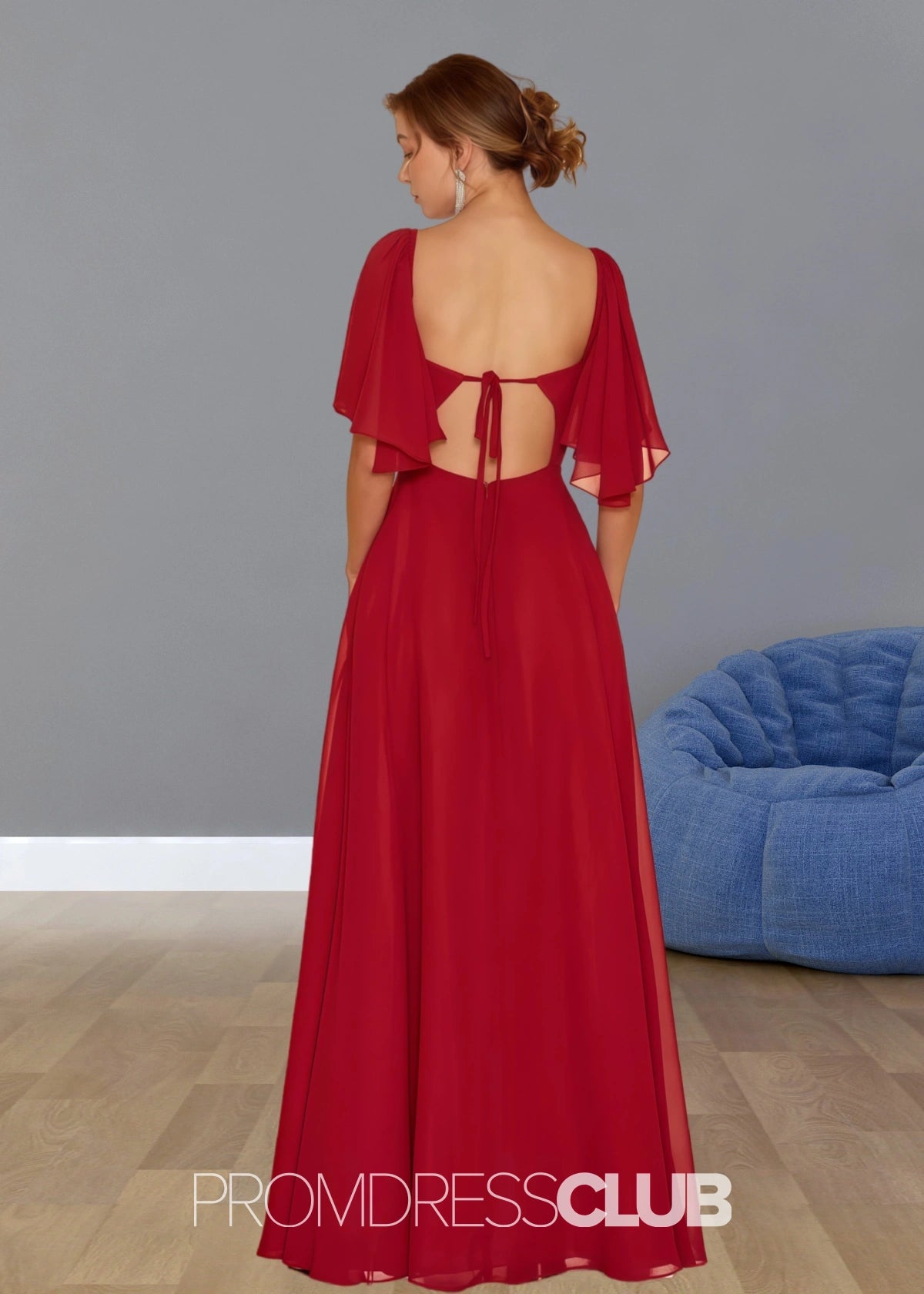 Stephanie | Boho A Line Ruffles Short Sleeve Burgundy Chiffon Long Bridesmaid Dress with Slit - Price #price_variant_lowest# - Burgundy - PromDressClub