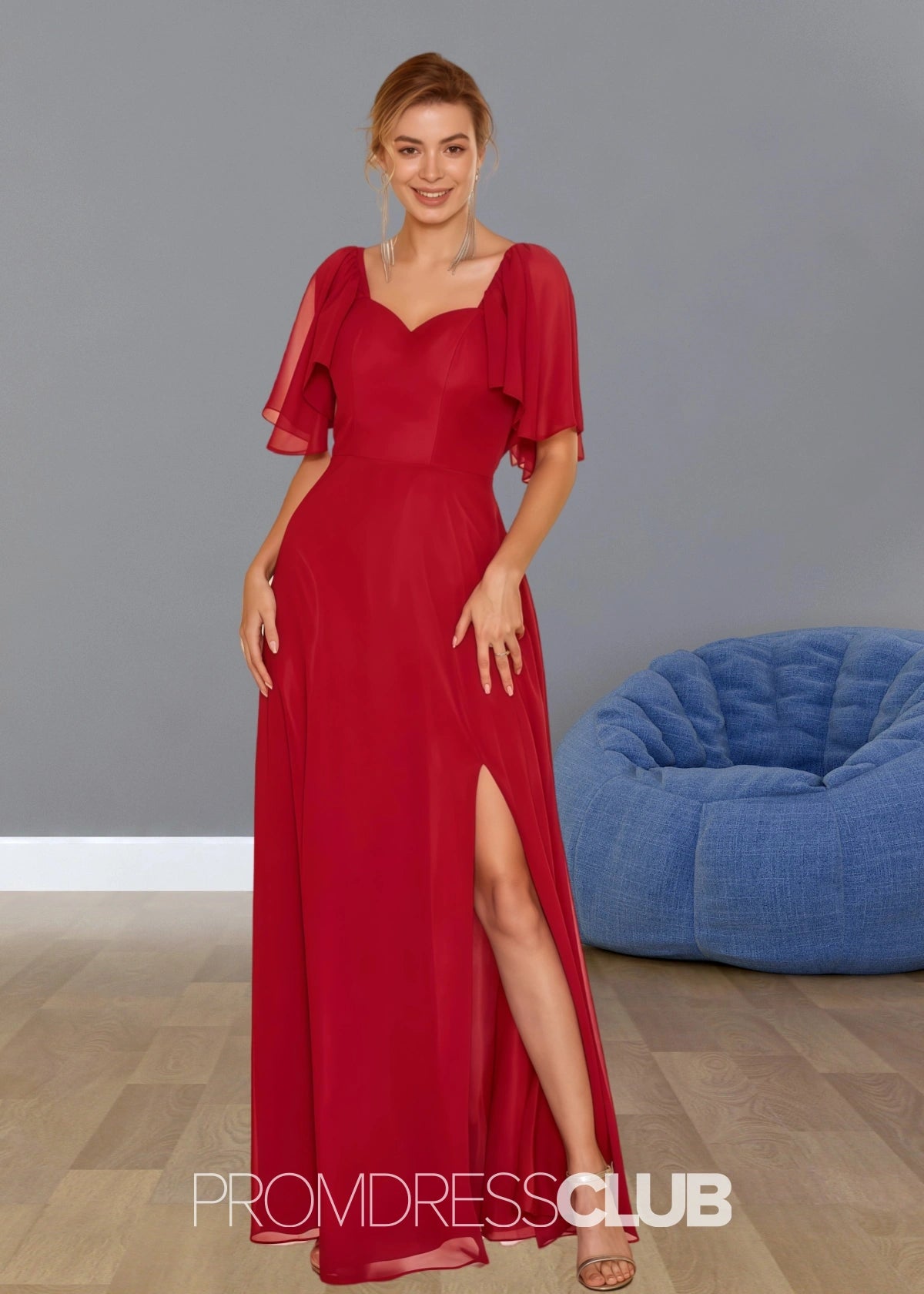 Stephanie | Boho A Line Ruffles Short Sleeve Burgundy Chiffon Long Bridesmaid Dress with Slit - Price #price_variant_lowest# - Burgundy - PromDressClub