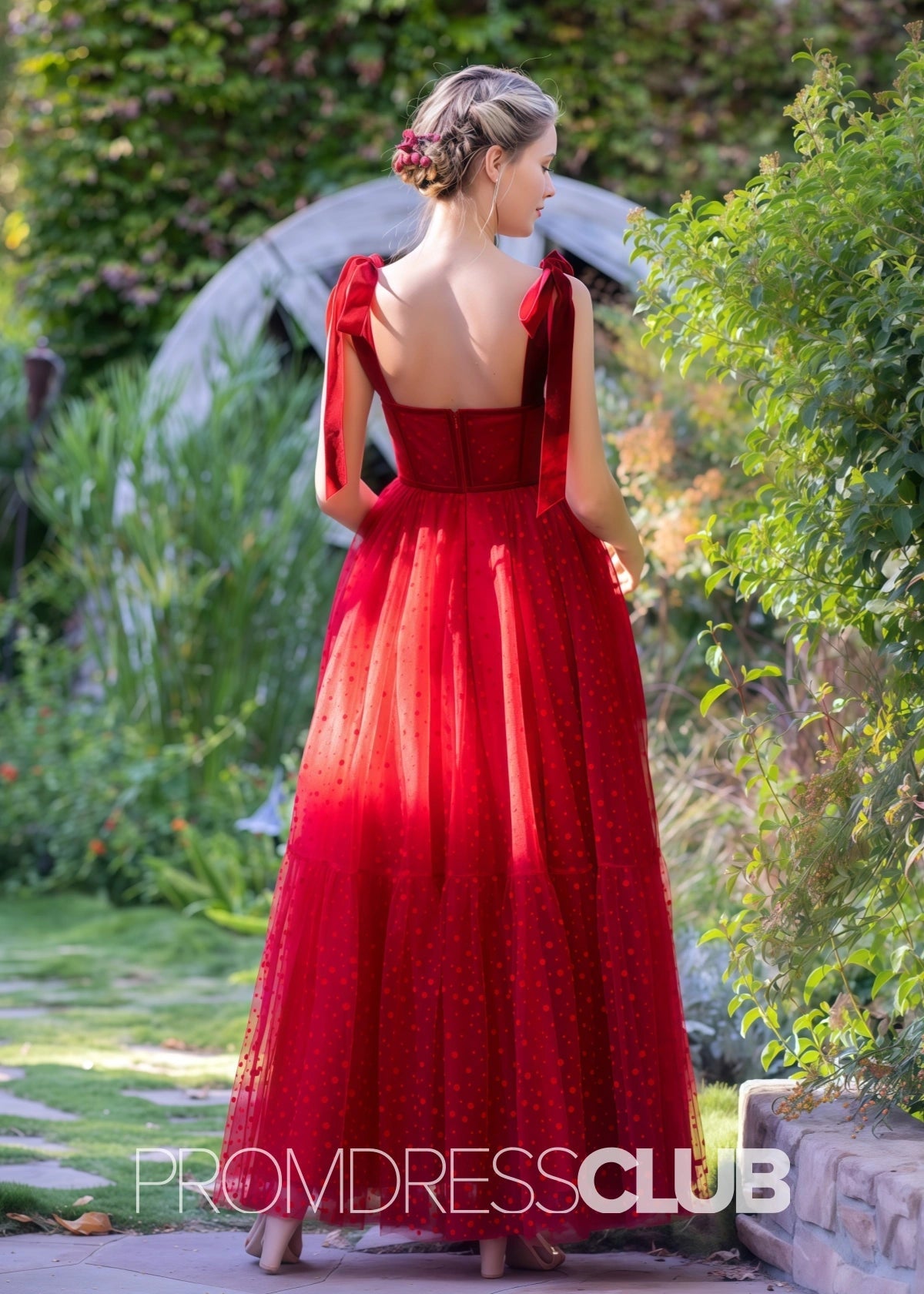 Stephanie |Red Long Prom Dresses With A Line Square Neckline Corset Dotted Tulle - Red - PromDressClub