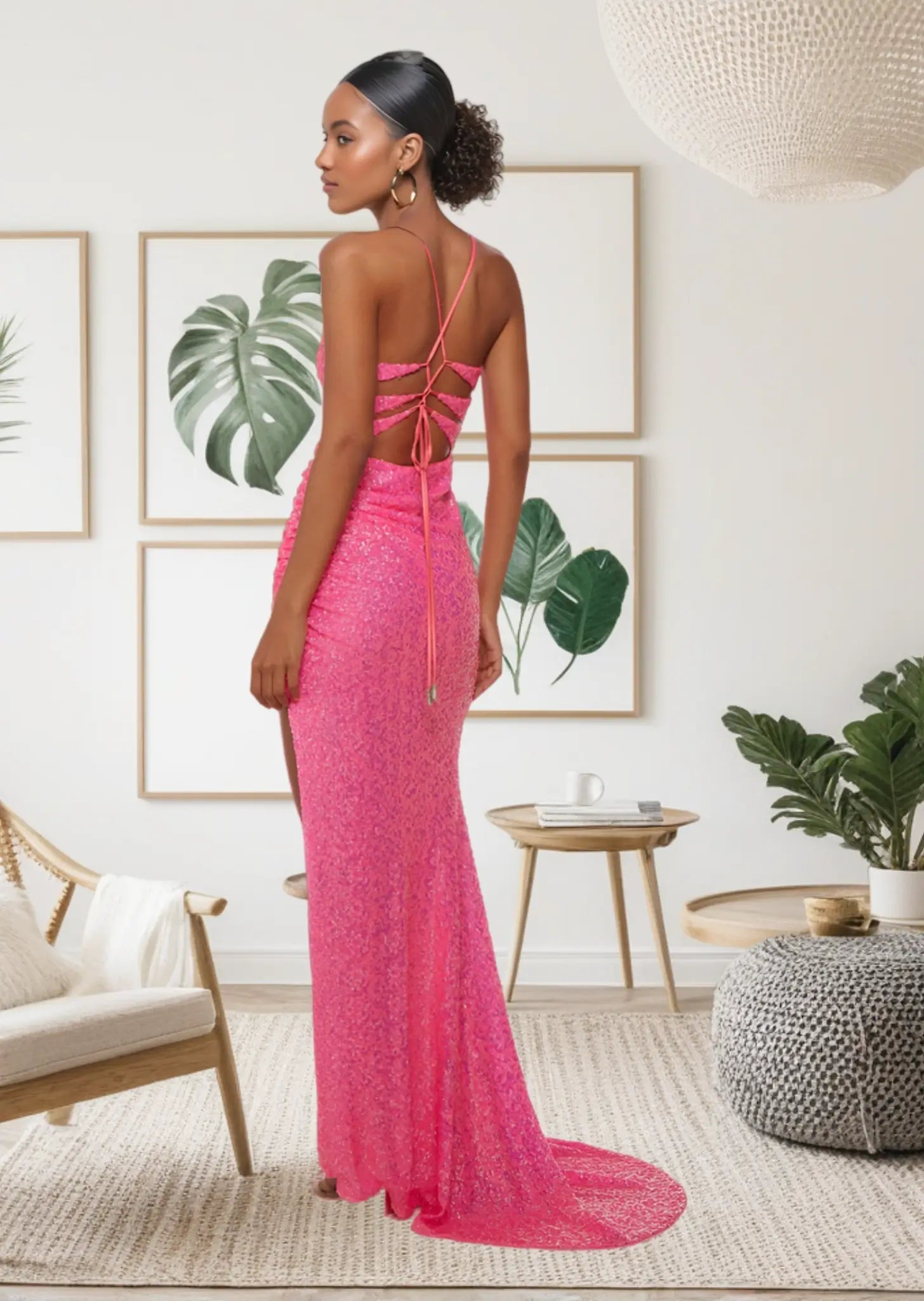 Jocelyn |Straight/Fitted Scooped Neckline Strappy Back Ruching Detail Train Hot Pink Sequins Long Prom Dress With Side Slit - Pink - US0 - PromDressClub