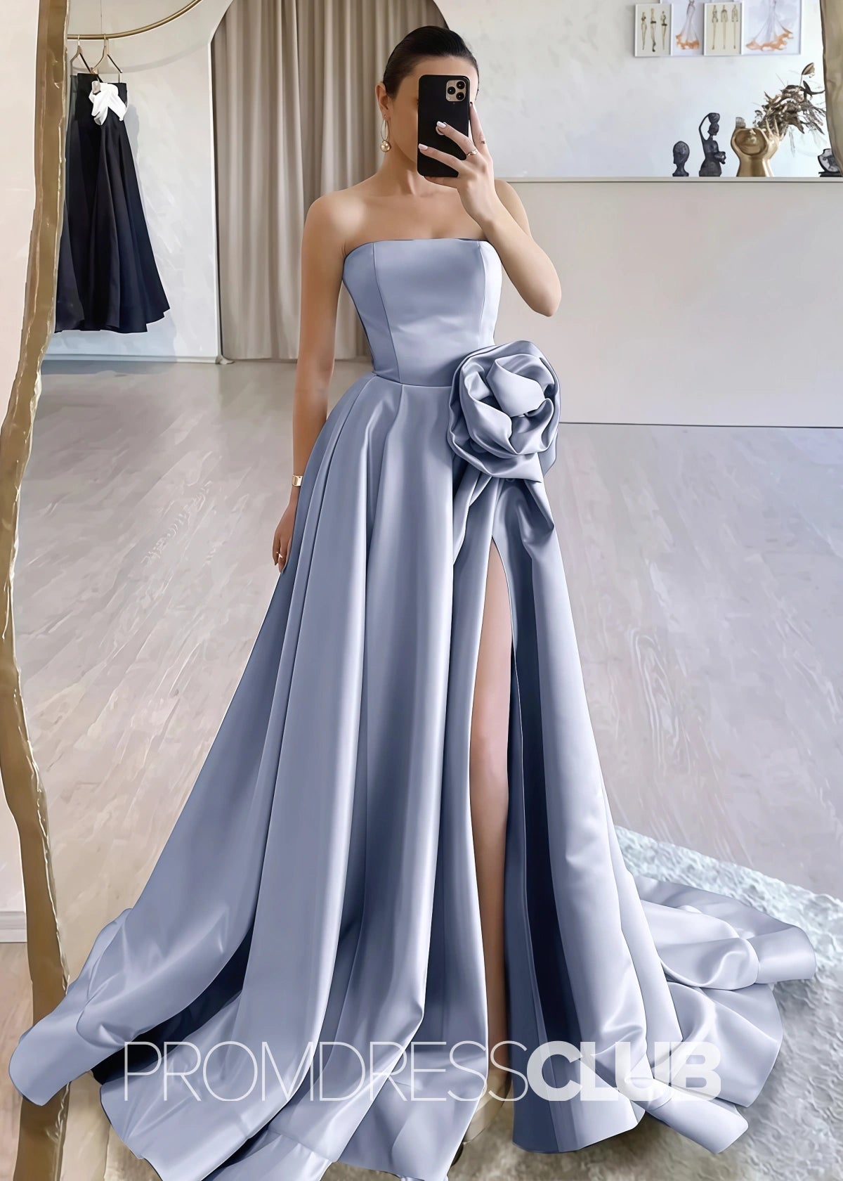 Strapless Long Black Prom Dress - Light Blue - PROMDRESS Club