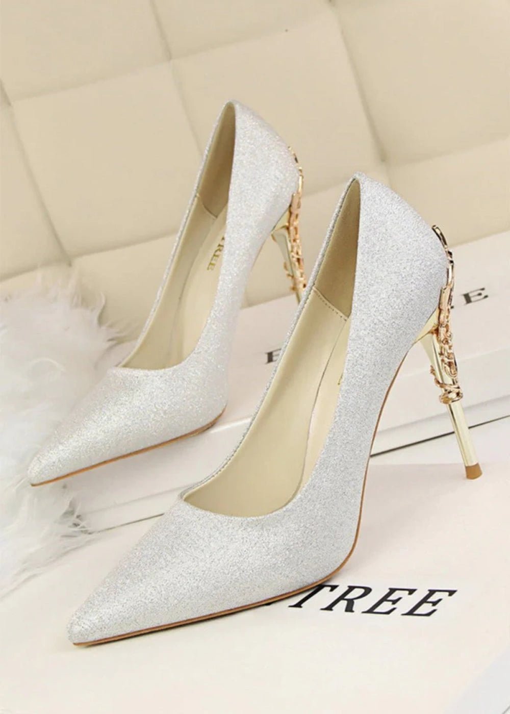 Stunning Burgundy and Red Pointed Toe Stiletto Heels - Elevate Your Style with Metal - Detailed Elegance - Silver - PromDressClub