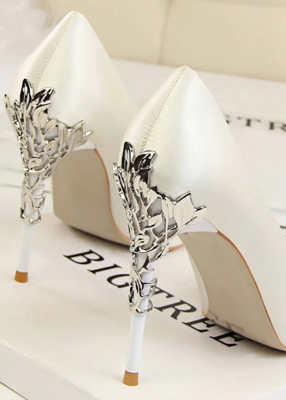 Stunning Burgundy and Red Pointed Toe Stiletto Heels - Elevate Your Style with Metal - Detailed Elegance - White - PromDressClub