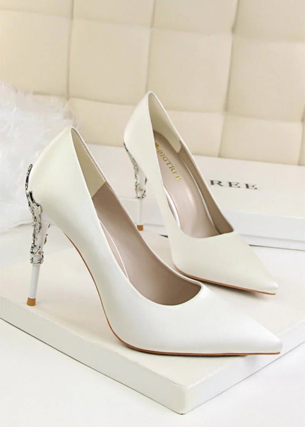 Stunning Burgundy and Red Pointed Toe Stiletto Heels - Elevate Your Style with Metal - Detailed Elegance - White - PromDressClub