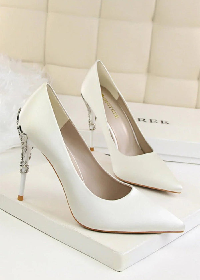 Stunning Burgundy and Red Pointed Toe Stiletto Heels - Elevate Your Style with Metal - Detailed Elegance - White - PromDressClub