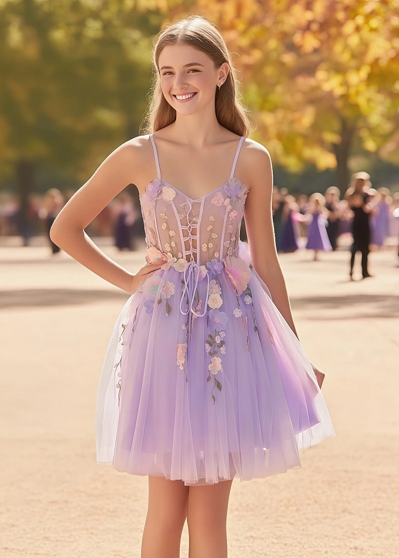 Stunning Grace Lavender Homecoming Dress with Flowers For Magical Dance Moments - Lavender Floral - PromDressClub