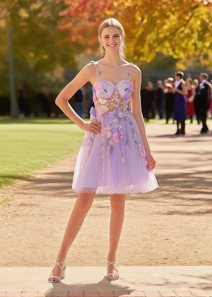 Stunning Grace Lavender Homecoming Dress with Flowers For Magical Dance Moments - Lavender Floral - PromDressClub