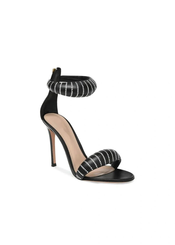 Stylish Black and Gold Leather High Heels & Versatile Gold Sandals Heels with Ankle Strap Open Toe for Every Fashion Moment - Black Floral - PromDressClub