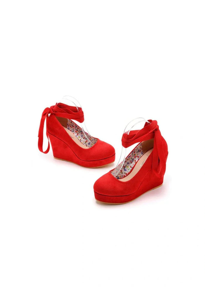 Stylish Black and Red Round Toe Platform Wedge Heels—Elevate Every Look with Trendy Versatility - Red - PromDressClub