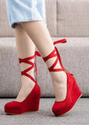 Stylish Black and Red Round Toe Platform Wedge Heels—Elevate Every Look with Trendy Versatility Color Red