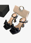 Stylish Pink High Heels with Bow & Versatile Chunky Heel Sandals Color Black