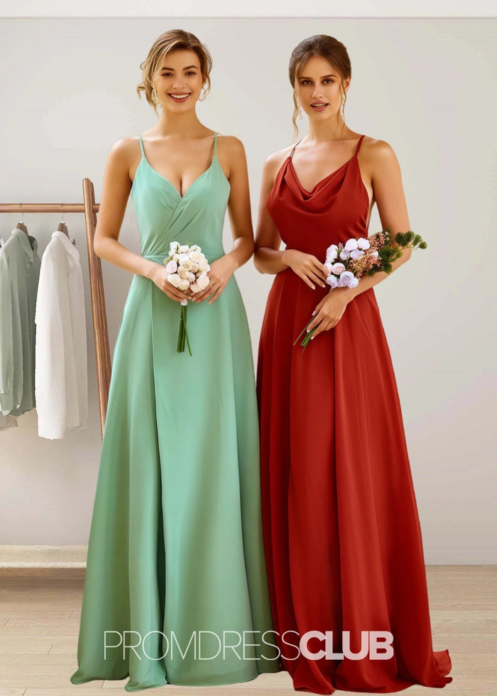 Susanna | A Line Spaghetti Straps Rust Brown Chiffon Long Bridesmaid Dress - Price #price_variant_lowest# - Rust - PromDressClub