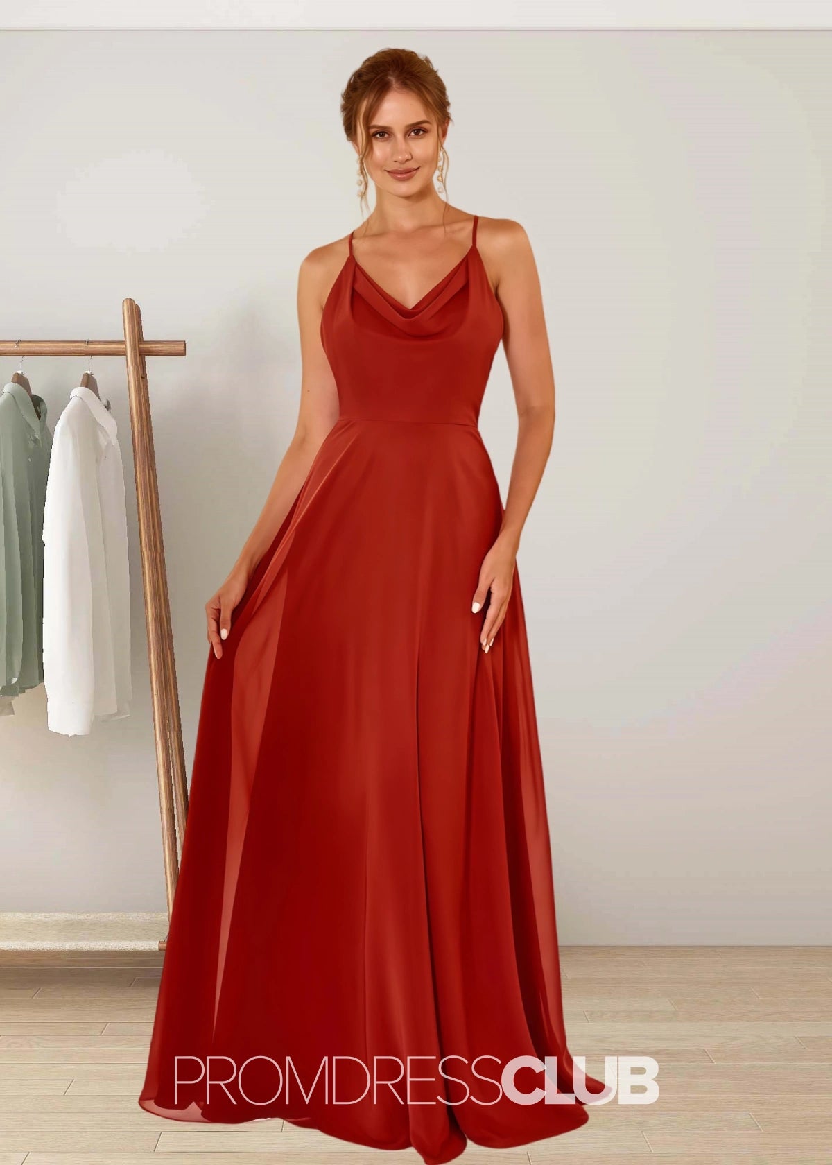 Susanna | A Line Spaghetti Straps Rust Brown Chiffon Long Bridesmaid Dress - Rust - PROMDRESS Club