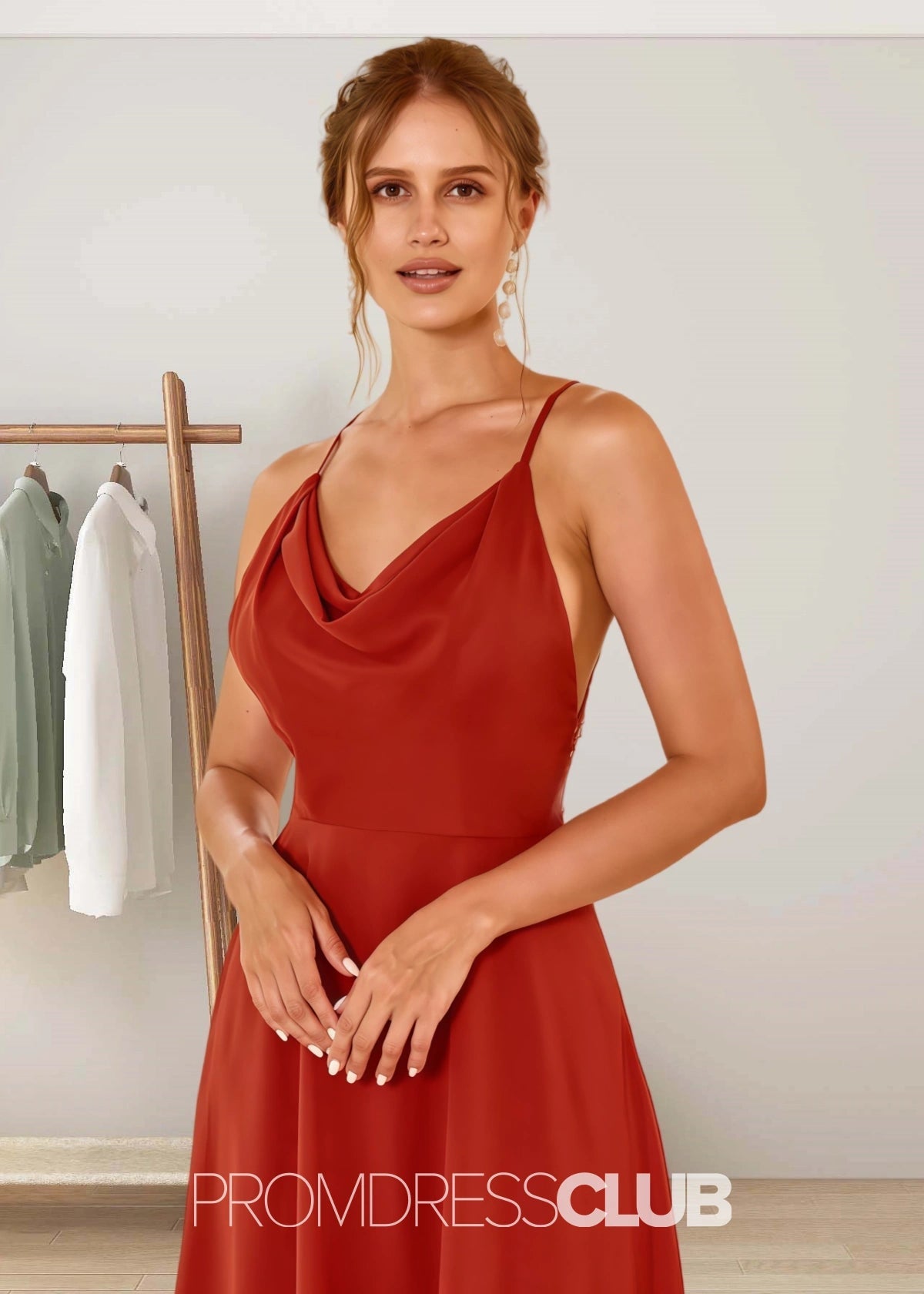 Susanna | A Line Spaghetti Straps Rust Brown Chiffon Long Bridesmaid Dress - Rust - PROMDRESS Club