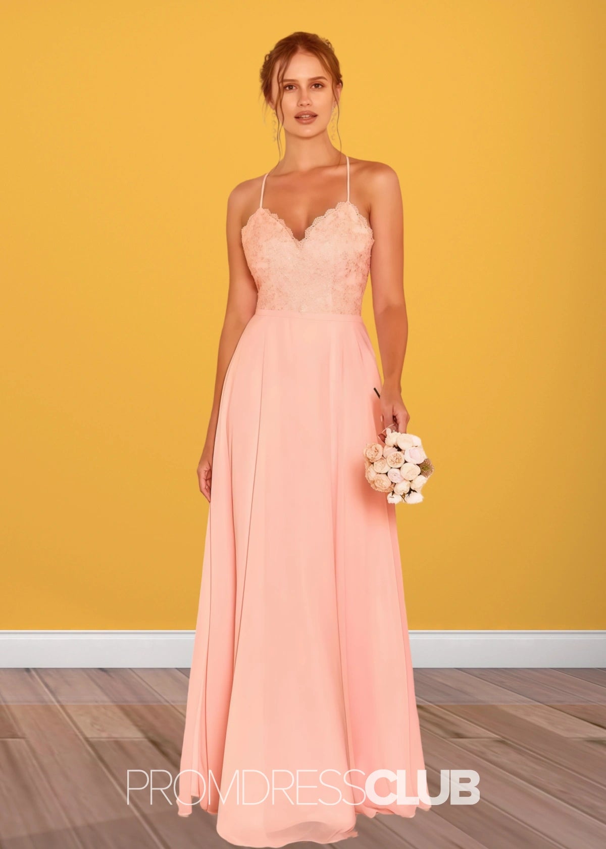 Sylvia | Lace Embroider Blush Chiffon Long Bridesmaid Dress - Blush - PROMDRESS Club