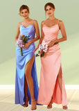 Tabitha | Sheath Column Blue Satin Long Bridesmaid Dress with Slit - Blue - PROMDRESS Club