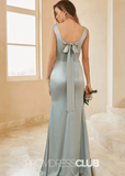 Tammy | Mermaid Straps Bows Sage Green Satin Long Bridesmaid Dress with Slit - Sage - PROMDRESS Club