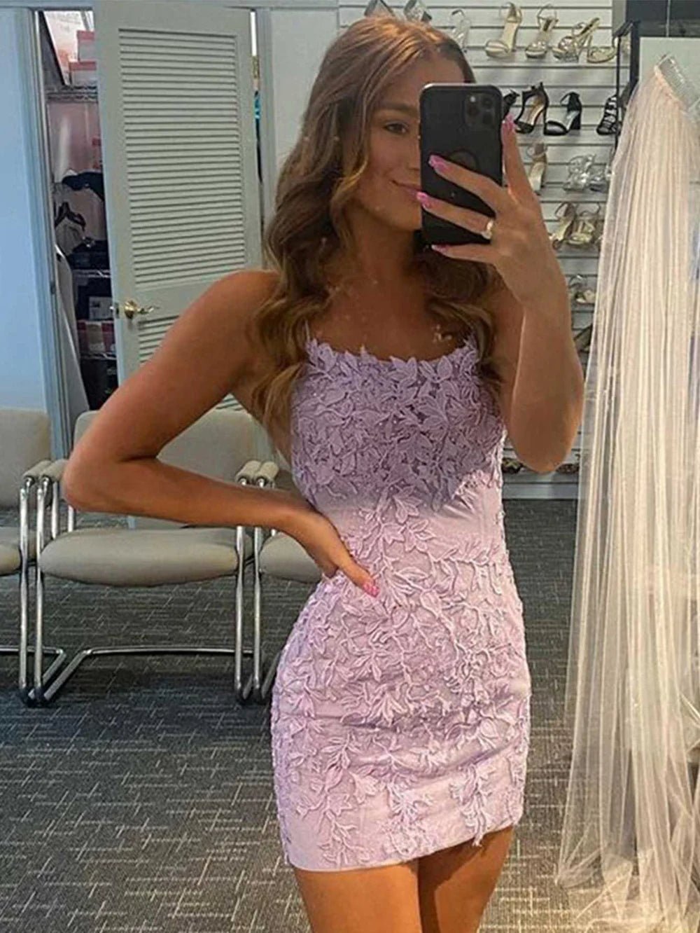 Tammy |Sheath Spaghetti Straps Lace Short Sky Blue Homecoming Dress With Criss Cross Lace - up Back - Lavender - US0 - PromDressClub