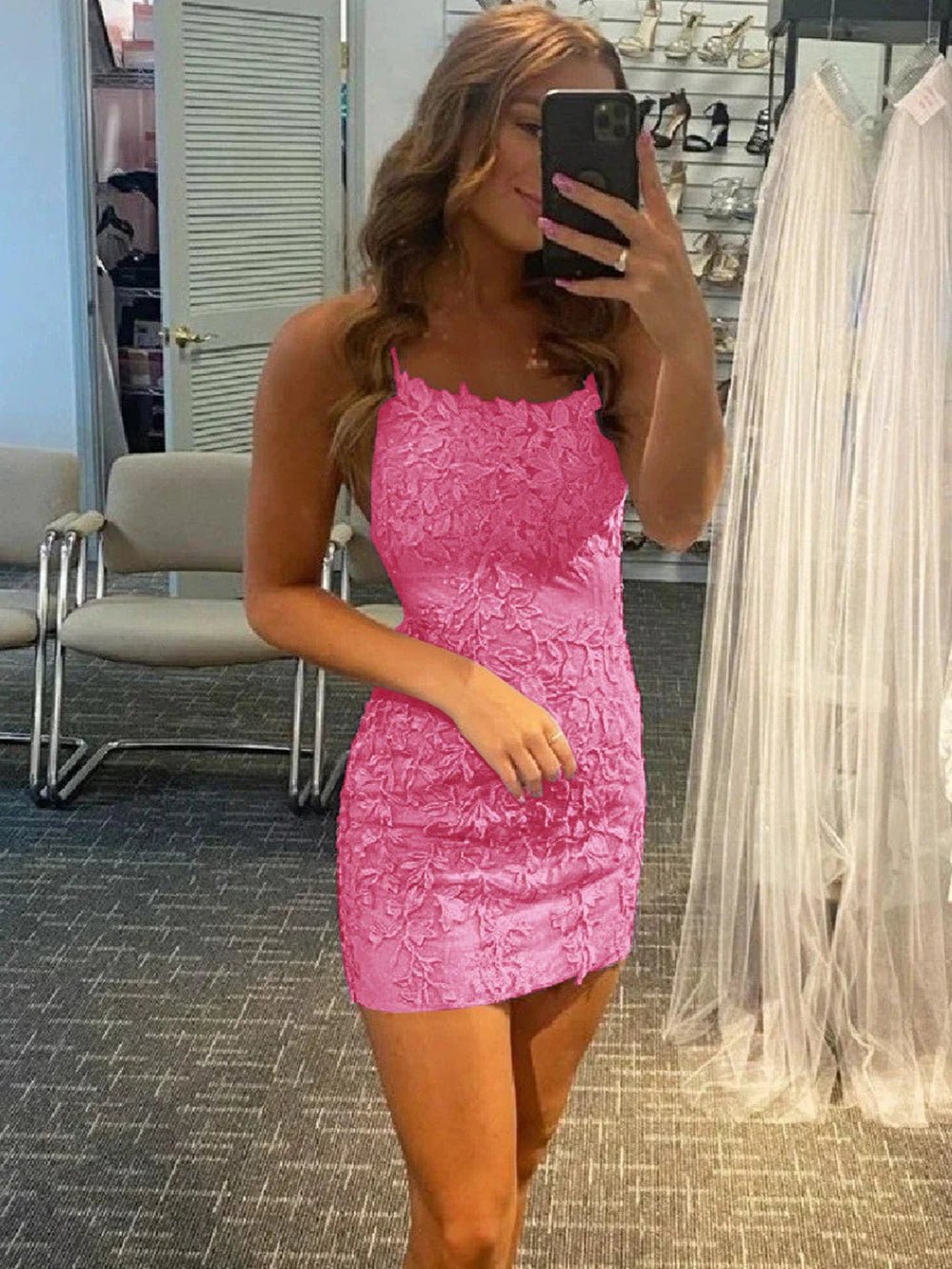 Tammy |Sheath Spaghetti Straps Lace Short Sky Blue Homecoming Dress With Criss Cross Lace - up Back - Pink - US0 - PromDressClub