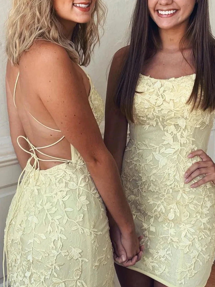 Tammy |Sheath Spaghetti Straps Lace Short Sky Blue Homecoming Dress With Criss Cross Lace - up Back - Yellow - PromDressClub