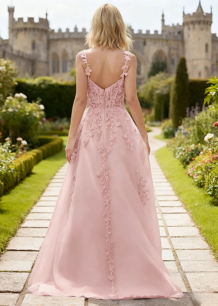 Tansy Blush Pink Lace Beaded Prom Dress | A - Line Sweetheart Neckline Corset Tulle Slit Gown - Blush - PromDressClub