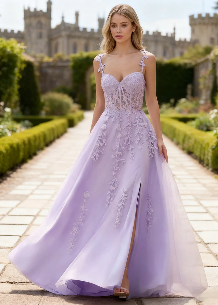 Tansy Lavender Lace Beaded Prom Dress | A - Line Sweetheart Neckline Corset Tulle Slit Gown - Lavender - PromDressClub
