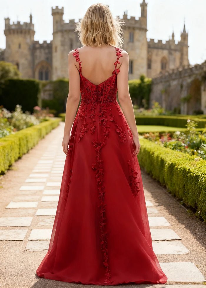 Tansy Red Lace Beaded Prom Dress | A - Line Sweetheart Neckline Corset Tulle Slit Gown - Red - PromDressClub