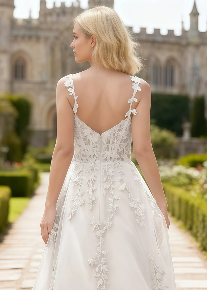 Tansy White Lace Beaded Prom Dress | A - Line Sweetheart Neckline Corset Tulle Slit Gown - White - PromDressClub