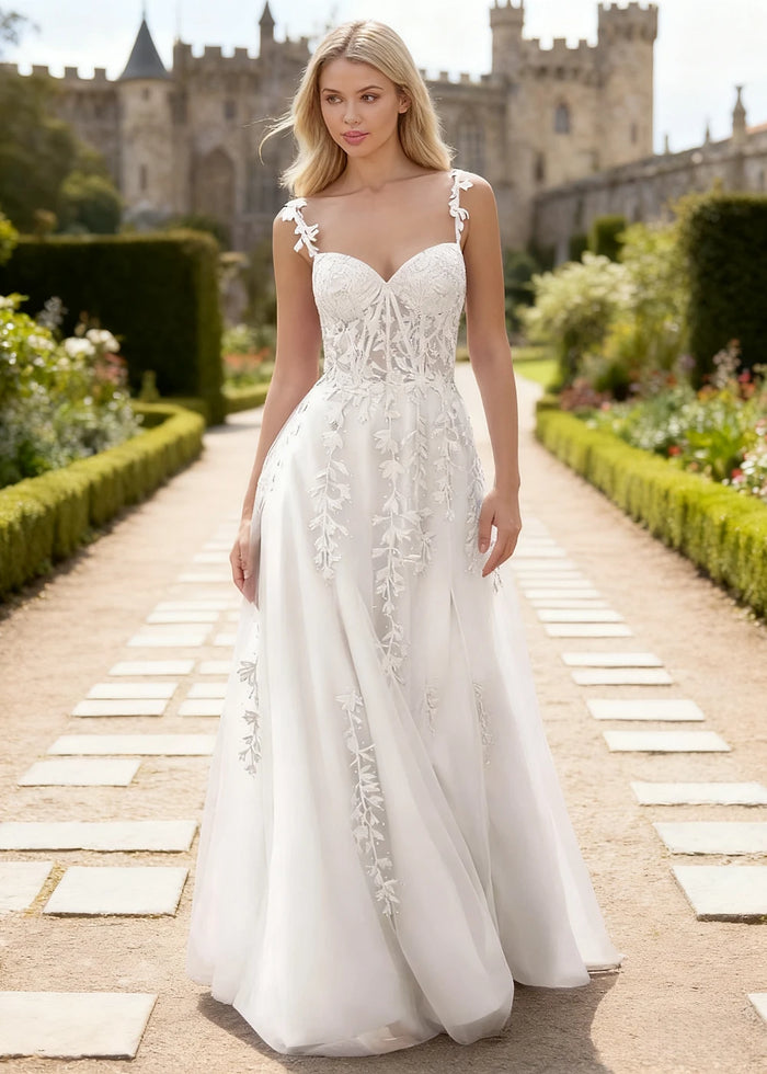 Tansy White Lace Beaded Prom Dress | A - Line Sweetheart Neckline Corset Tulle Slit Gown - White - PromDressClub